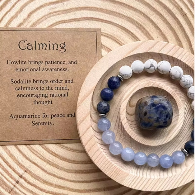 Inner Peace Crystal Beaded Bracelet — Aquamarine, Howlite & Sodalite for Calm & Anxiety Relief