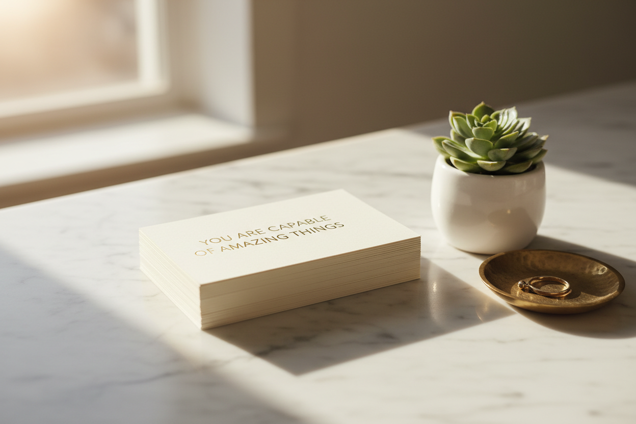 Stack of affirmation cards on marble with one card pulled out